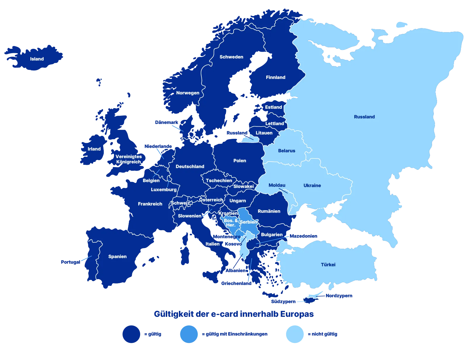 Karte von Europa, die die Gültigkeit der e-card zeigt: dunkelblau für gültig, hellblau für eingeschränkt gültig und sehr hell für nicht gültig