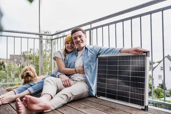 Paar sitzt mit Hund und Solarmodul am Balkon