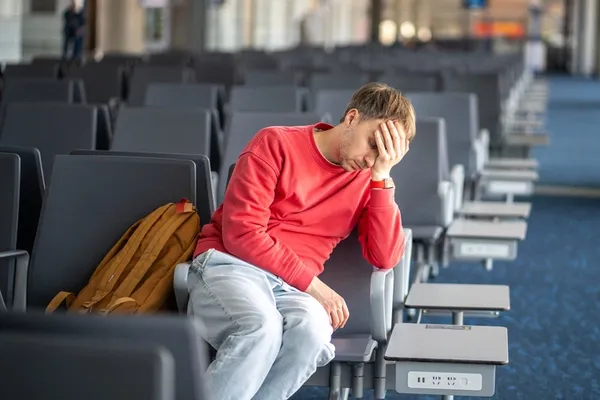 Mann wartet erschöpft im Flughafen