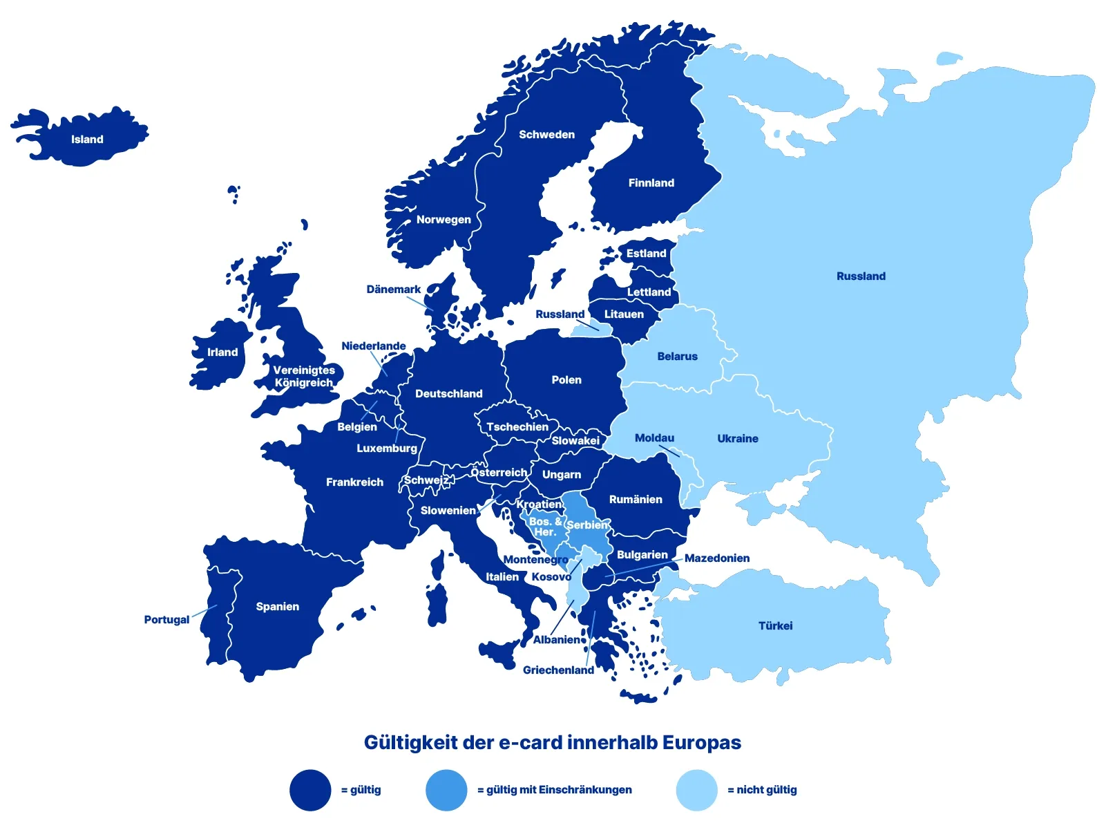 „Karte von Europa, die die Gültigkeit der e-card zeigt: dunkelblau für gültig, hellblau für eingeschränkt gültig und sehr hell für nicht gültig