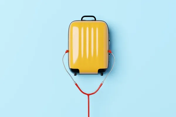 Ein gelber Hartschalenkoffer, der vor einem hellblauen Hintergrund mit einem Stethoskop verbunden ist