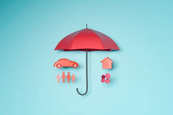 Ein roter Regenschirm schützt symbolisch Symbole für Auto, Familie, Haus und Geld auf blauem Hintergrund